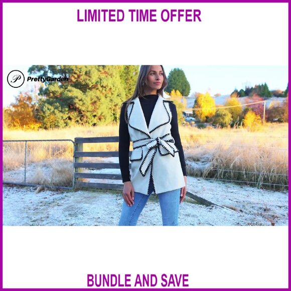 Tweed Vest Jacket Sleeveless Lapel Button Front Belt Winter Outerwear - Picture 8 of 8